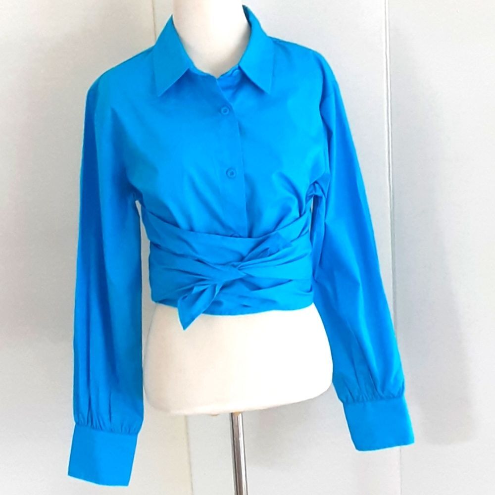 FOREVER 21 100% Cotton Marina Teal Wrap Long Cuff V-Neck Crop Shirt Sz M - NWT